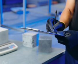 Engineer working in industry lab for testing building materials. Controls size and quality of concrete cube in laboratory.