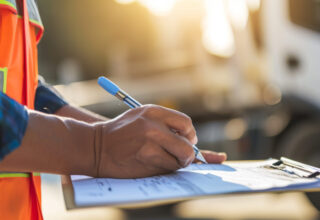 close-up of a person in a high-visibility vest writing on a clipboard